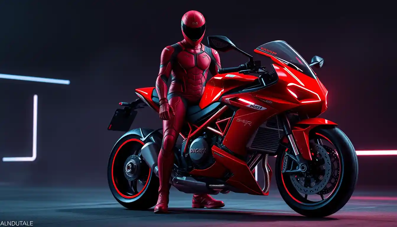 Futuristischer Fahrer neben einem Sci‑Fi-Motorrad in der Dunkelheit