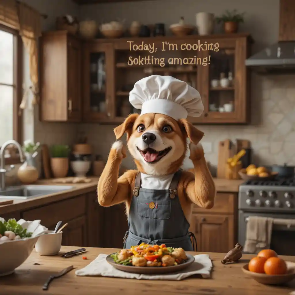 Cheerful dog chef in a cozy home kitchen scene