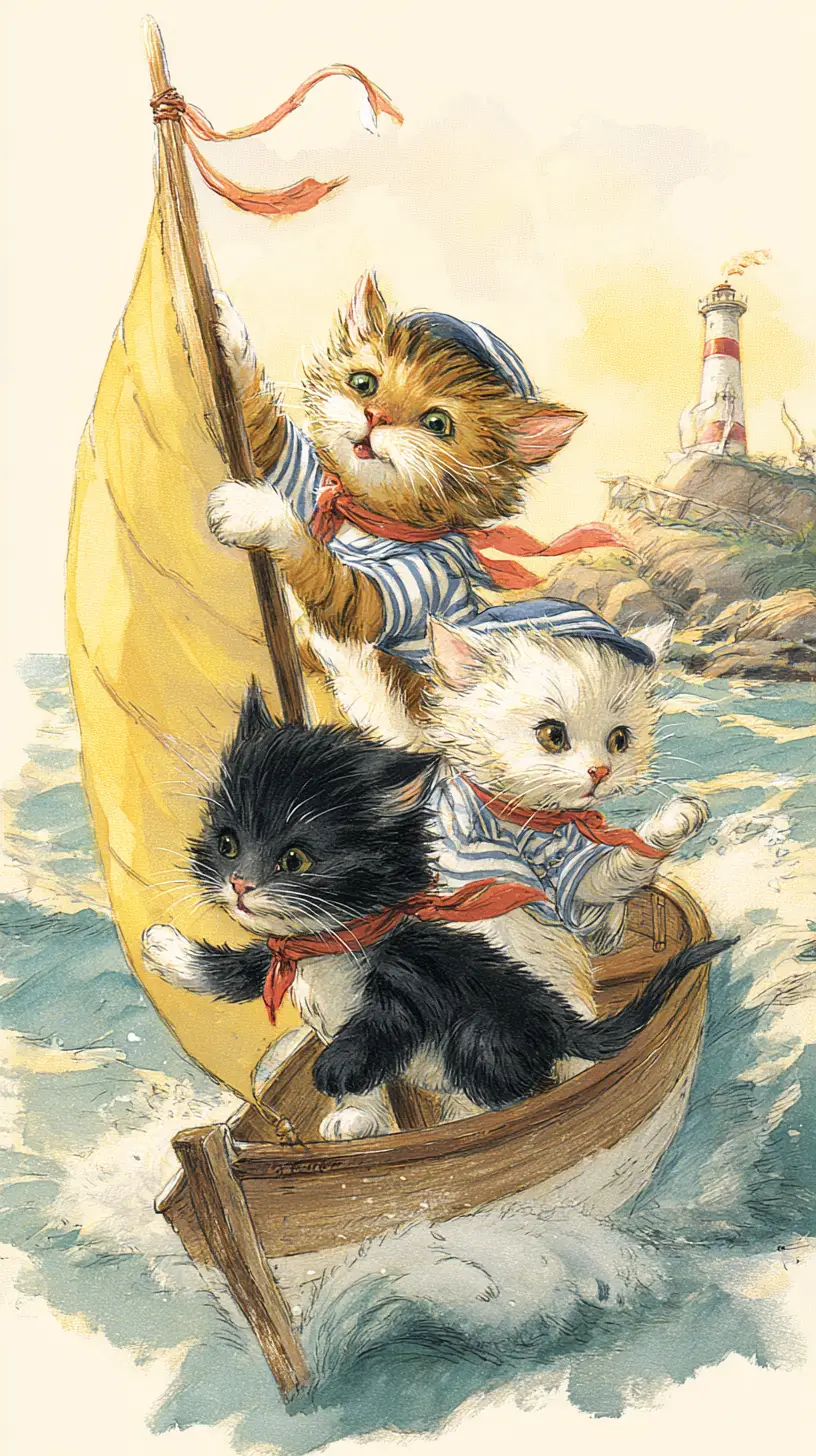 Three sailor kittens sailing a tiny boat at sea