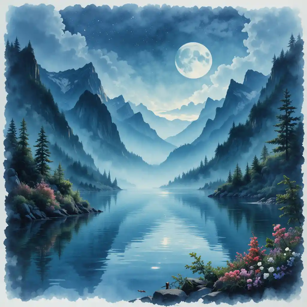 Lago di montagna al chiaro di luna con alberi in acquerello