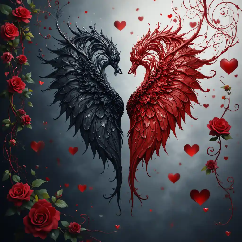 Ali a forma di cuore nere e rosse con rose e rampicanti