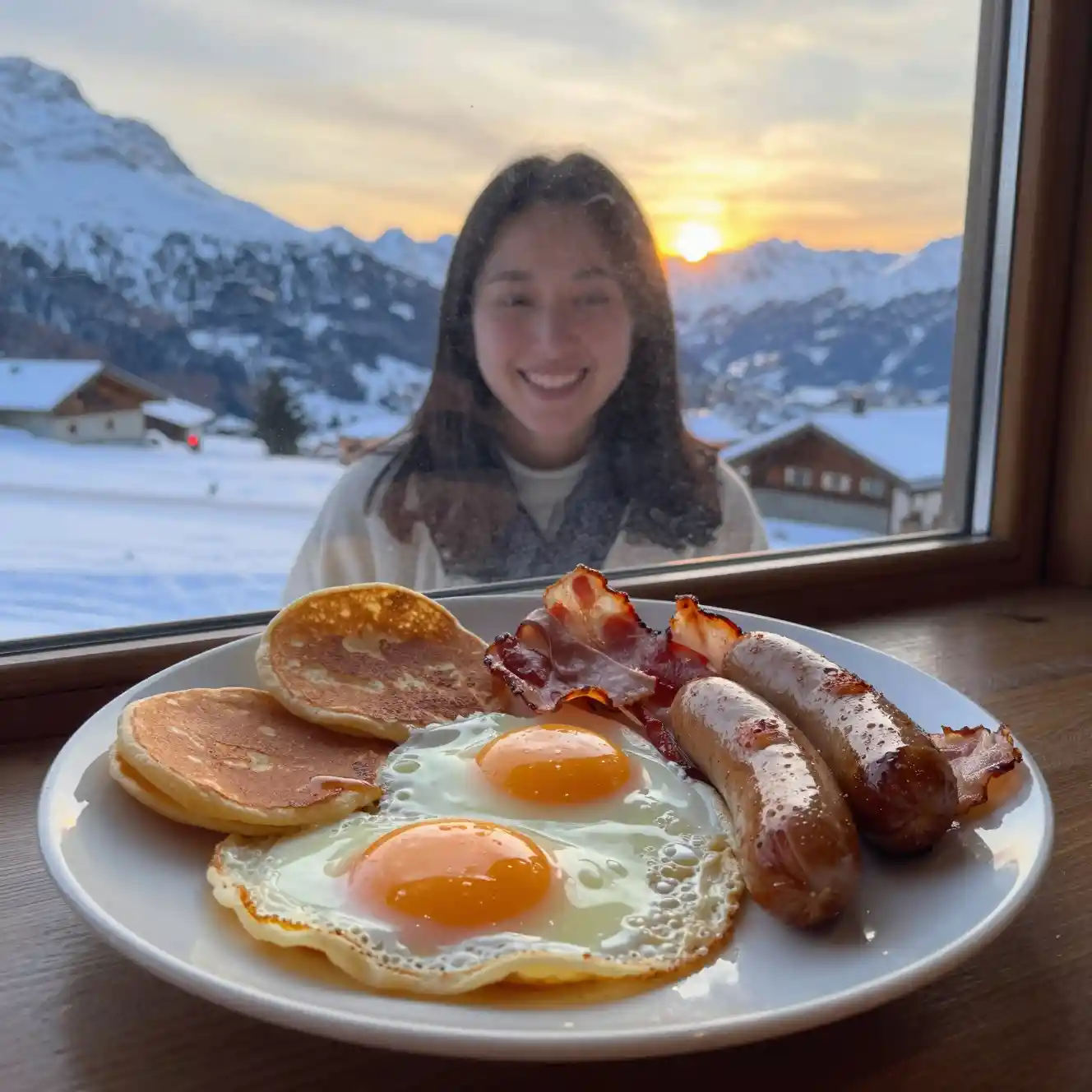 Breakfast of pancakes and bacon in the snowy swiss alps