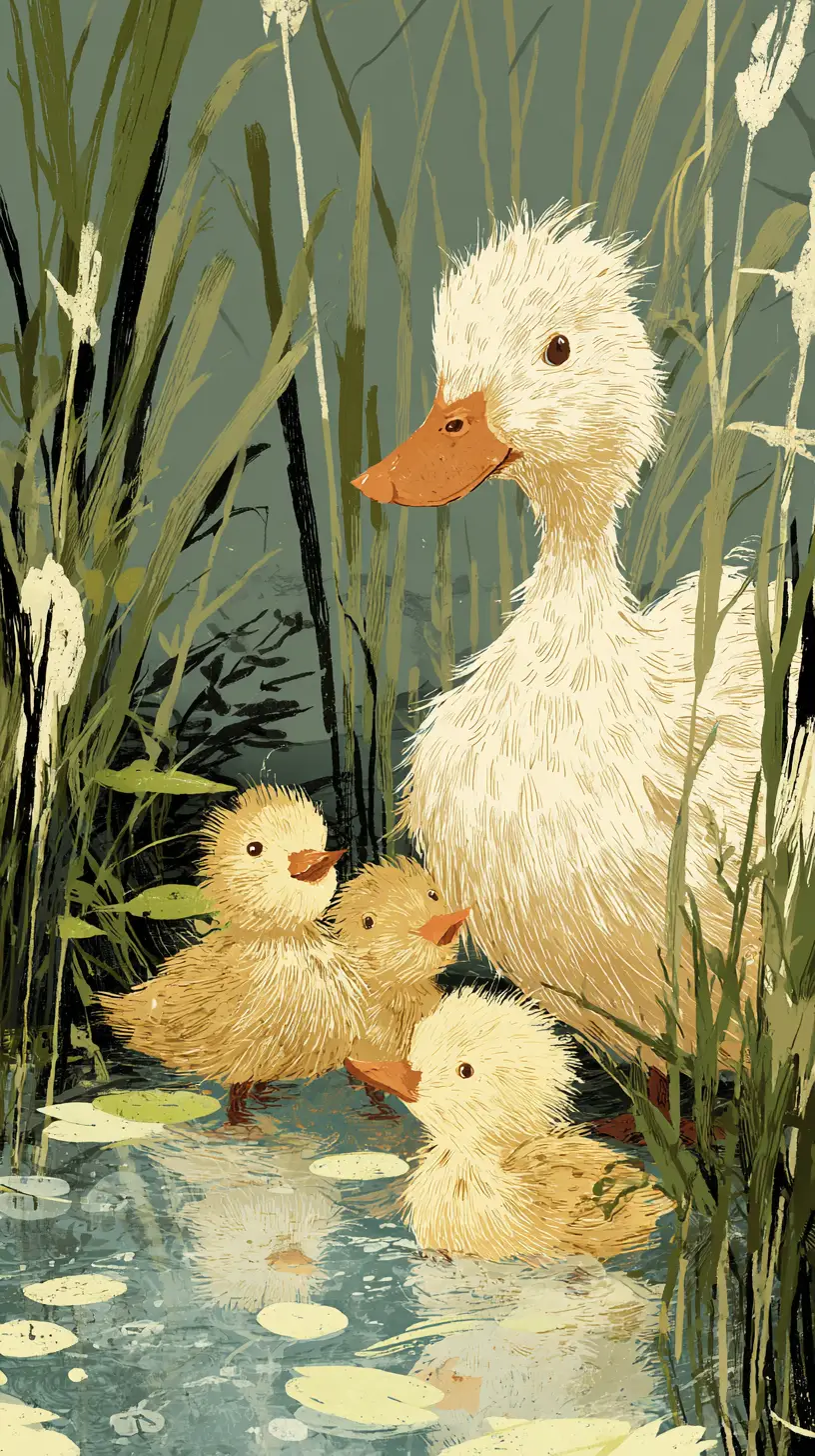 Playful duck family by a colorful pond illustration