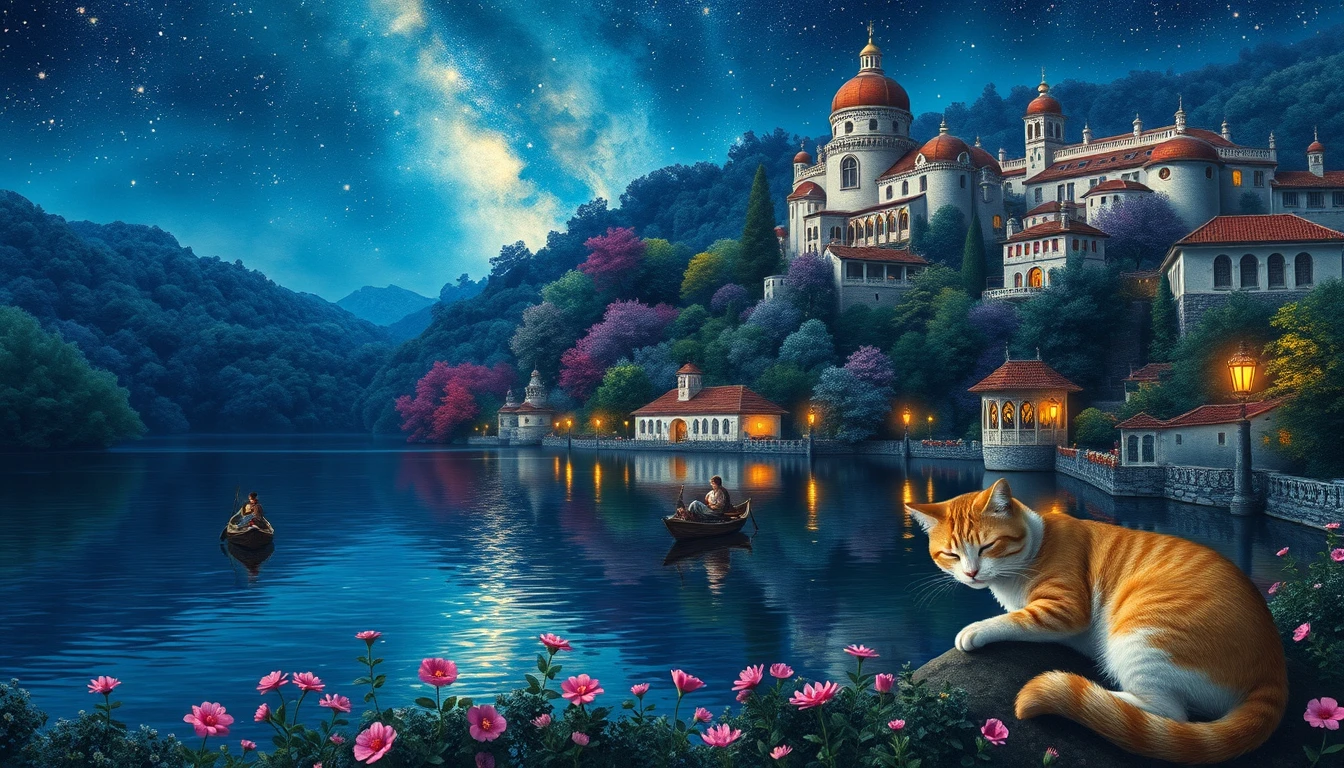 Palácio onírico sobre um lago estrelado à noite