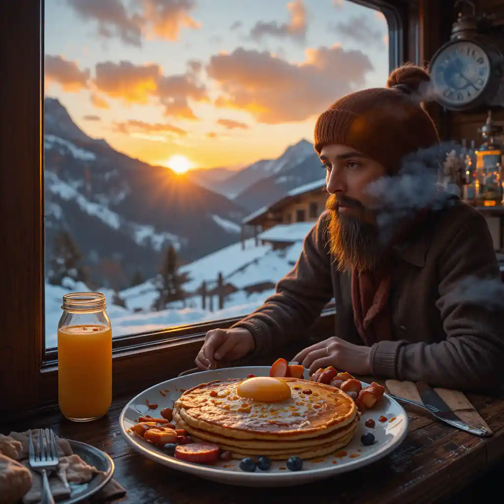 Breakfast of pancakes and bacon at sunset in the Alps