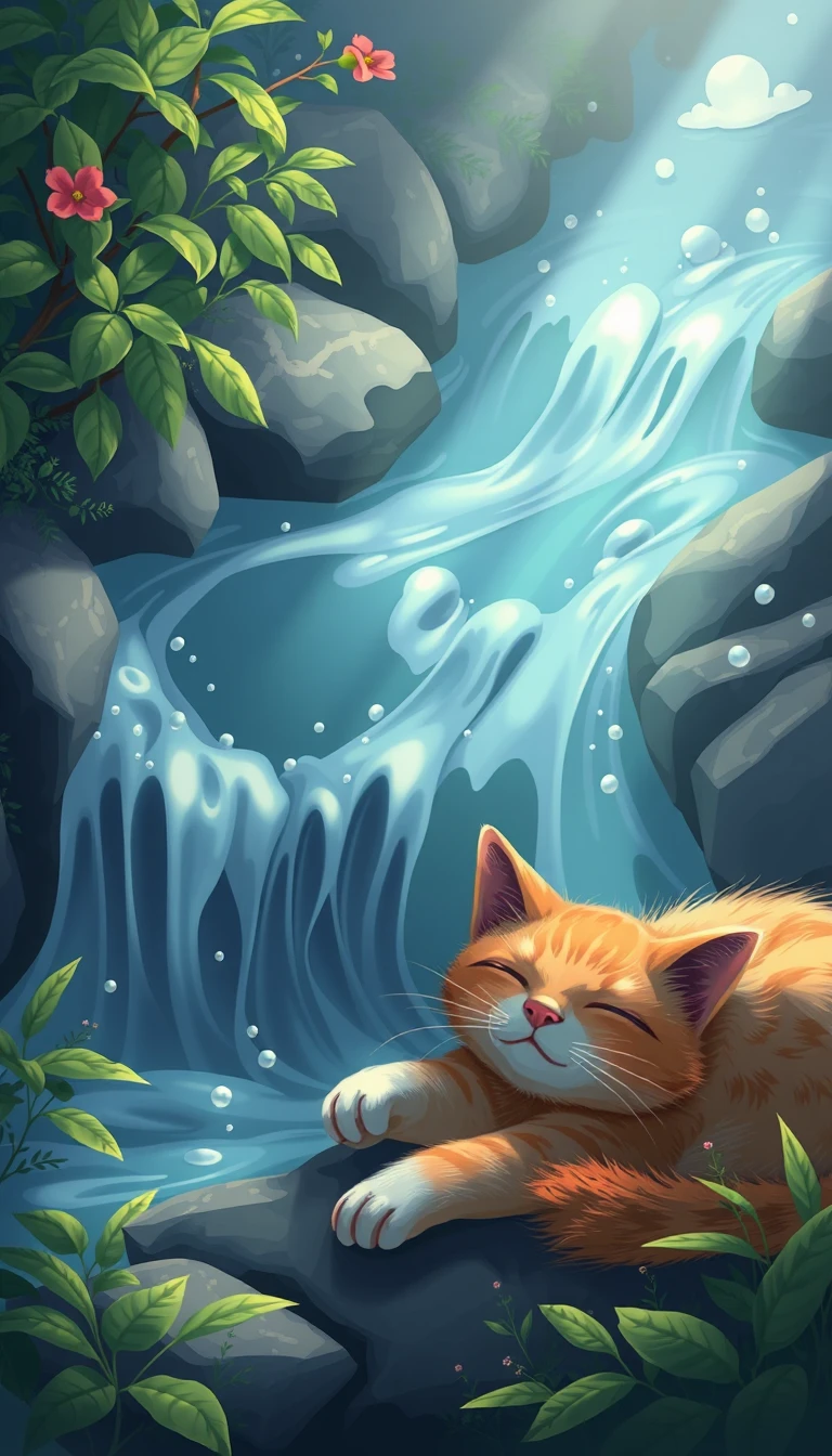 Gato dormindo em paz ao lado de um riacho de fluxo suave