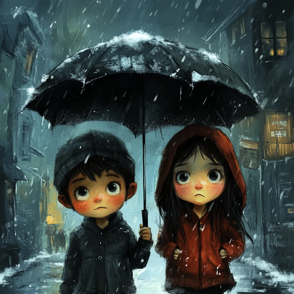 Frère et sœur curieux sous des parapluies dans une étrange ville enneigée