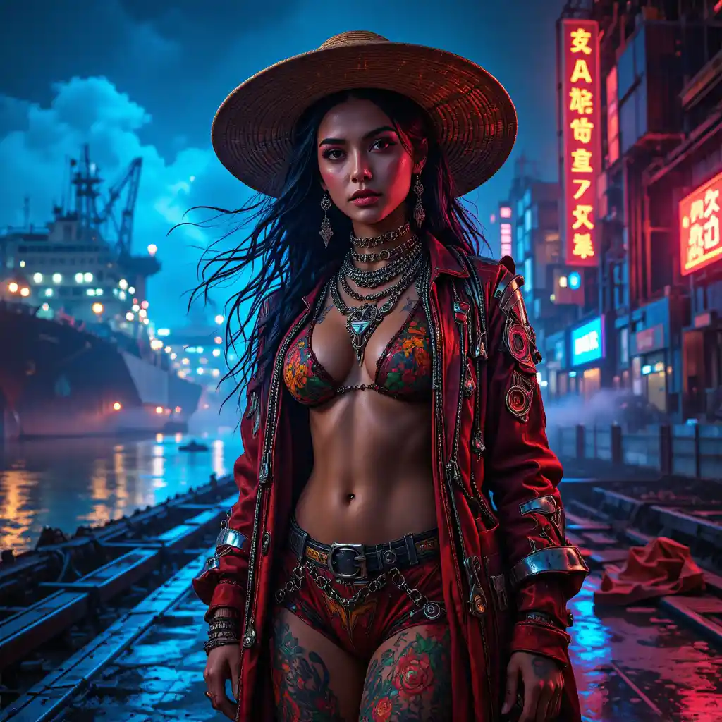 Warrior woman in chains under neon rain at night