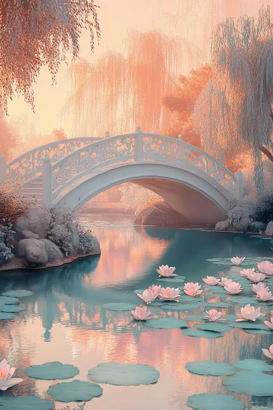 Dreamy arched bridge over a tranquil lily pond
