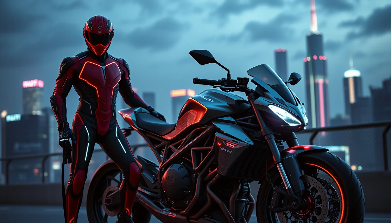 Guerrier style Tron avec moto Ducati dans une ville cyberpunk