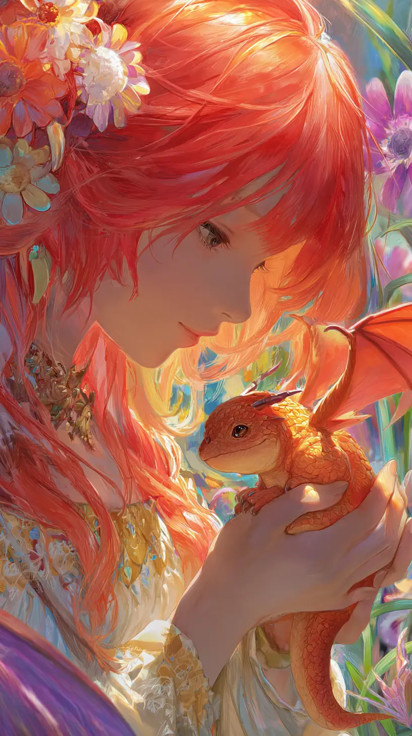 Anime fairy holding a tiny dragon in a sunny land