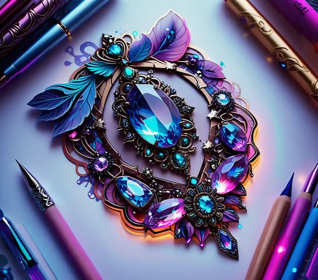 Illustrazione di Gioielli Mistici con Gemme e Aggregati di Cristalli al Neon