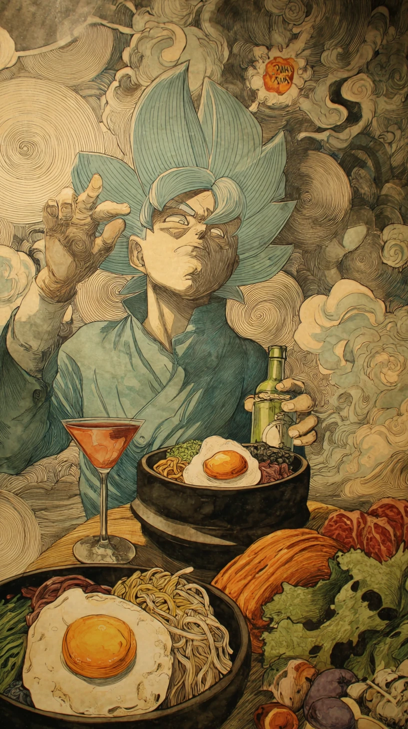 Koreanisches Bibimbap mit einer Flasche Soju serviert