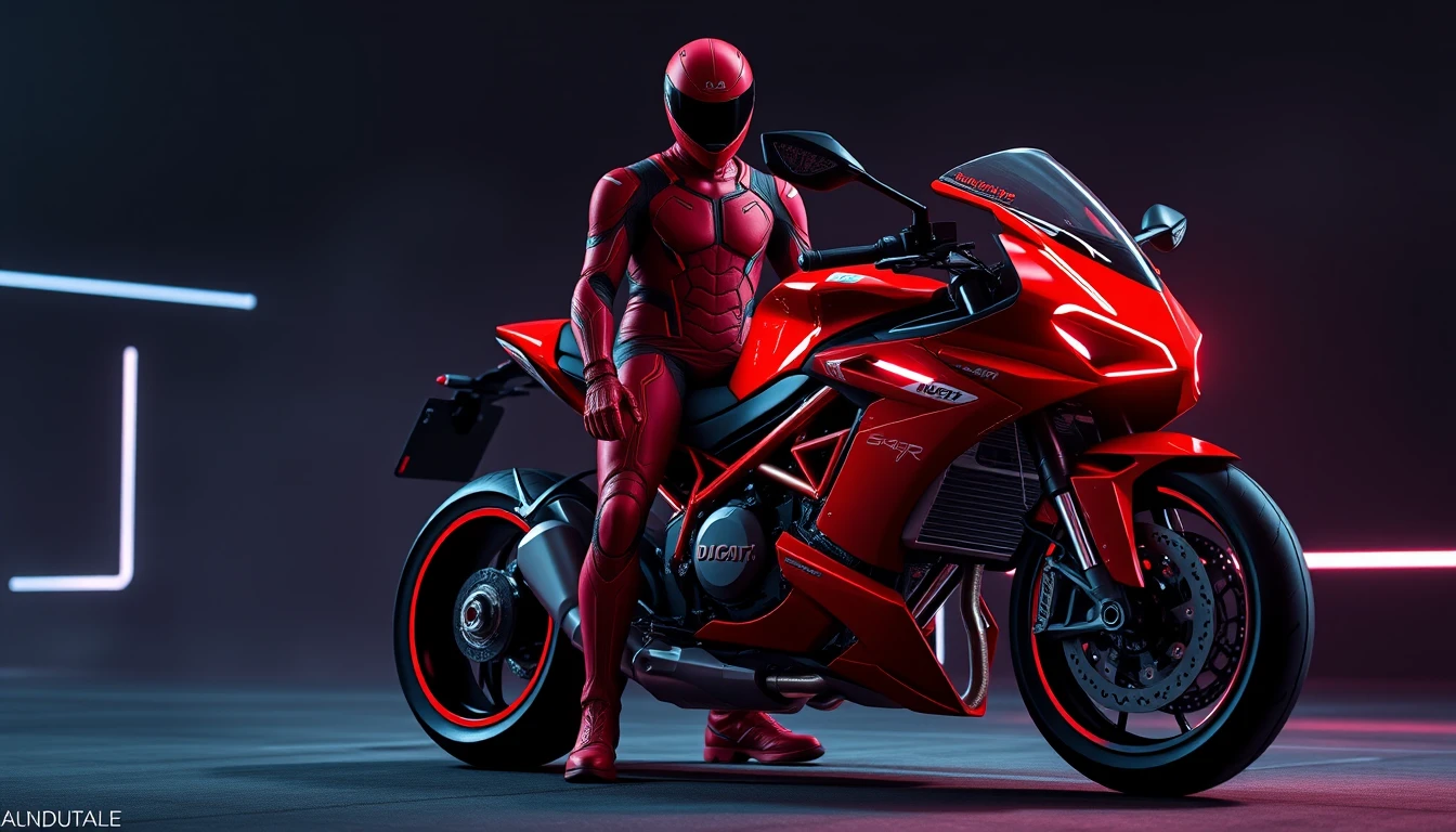 Futuristischer Fahrer neben einem Sci‑Fi-Motorrad in der Dunkelheit