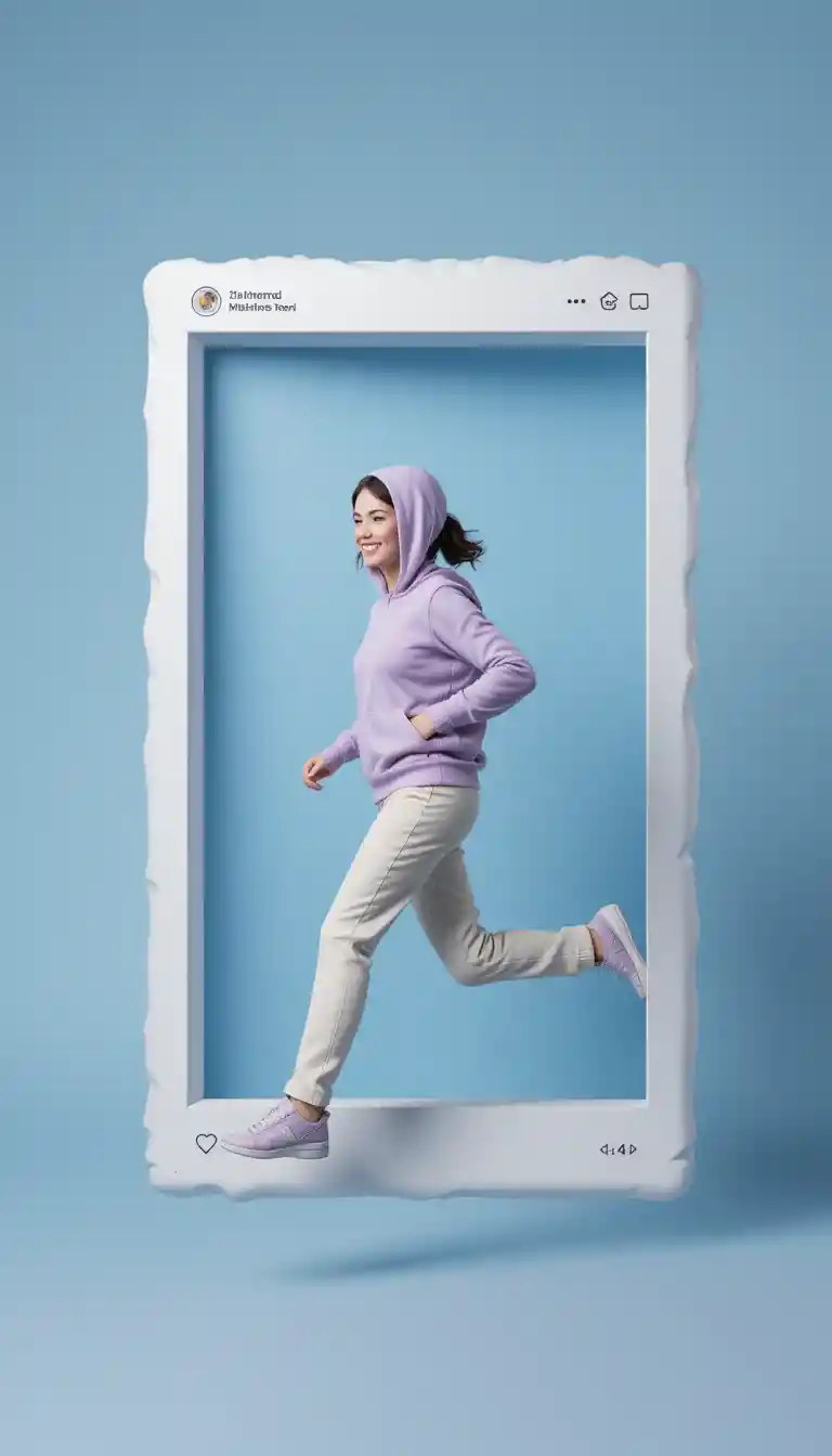 Femme sortant d’un cadre de réseau social stylisé
