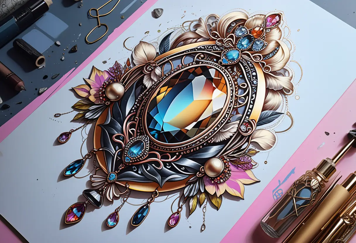 Mystical gemstone jewelry tattoo illustration with neon crystals