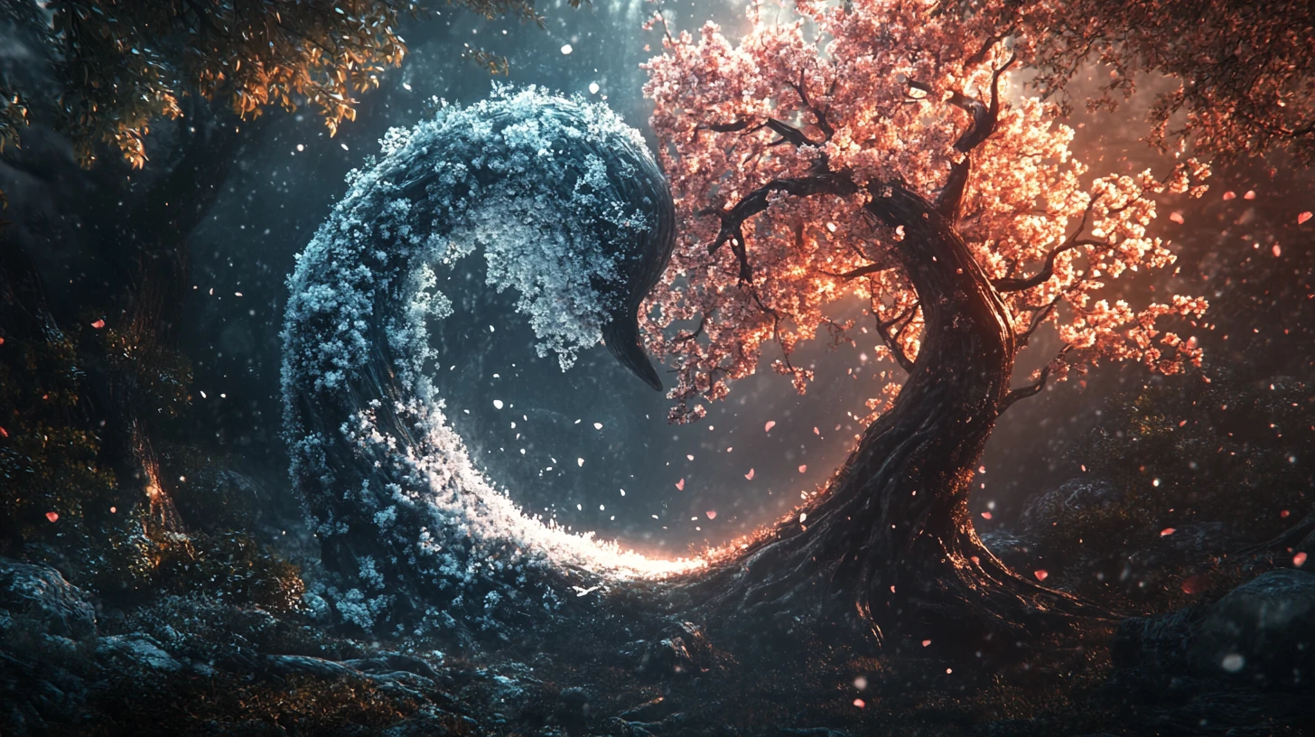Yin y yang formado por árboles antiguos florecientes y helados