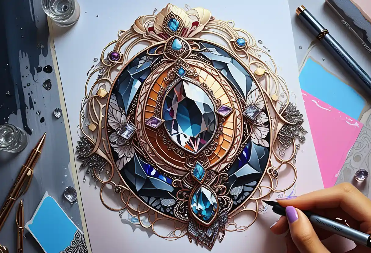 Bohemian goth gemstone jewelry illustration with neon crystal cluster
