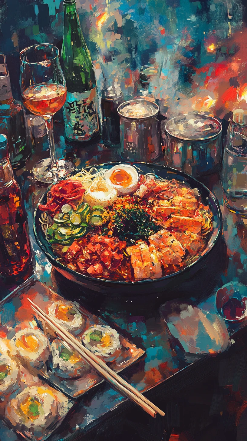 Buntes koreanisches Bibimbap mit einer Flasche Soju