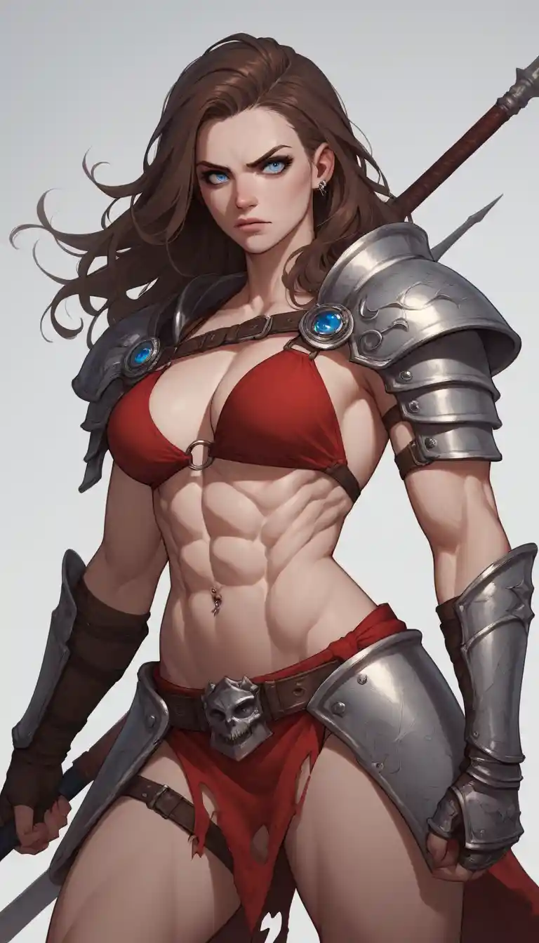 Armored warrior woman in red bikini top and skirt