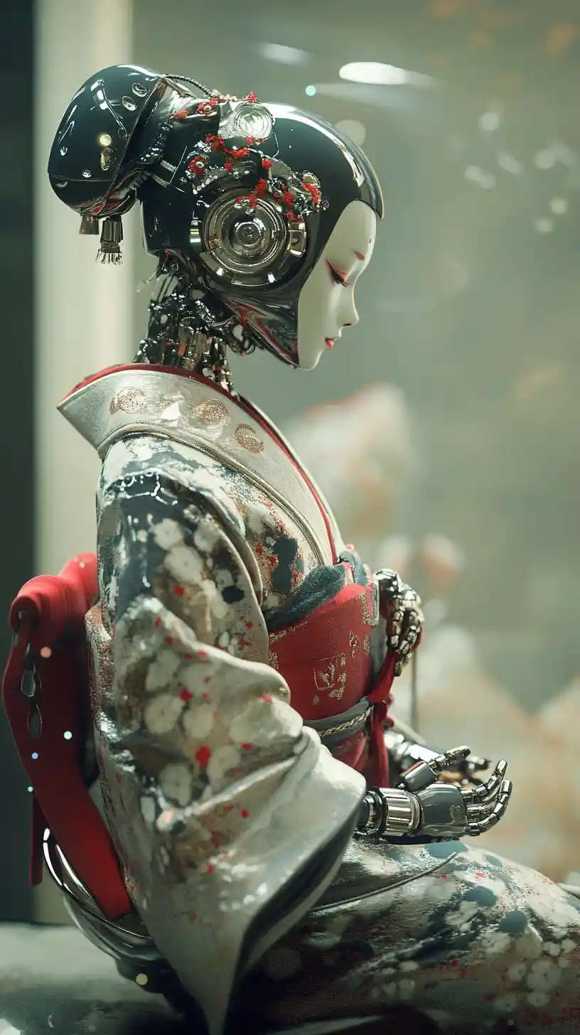 Geisha robot umanoide in ginocchio con kimono argento