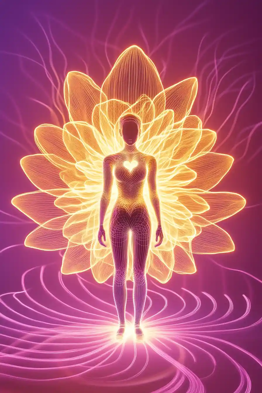 Soft glowing petals of light bloom around a central figure
