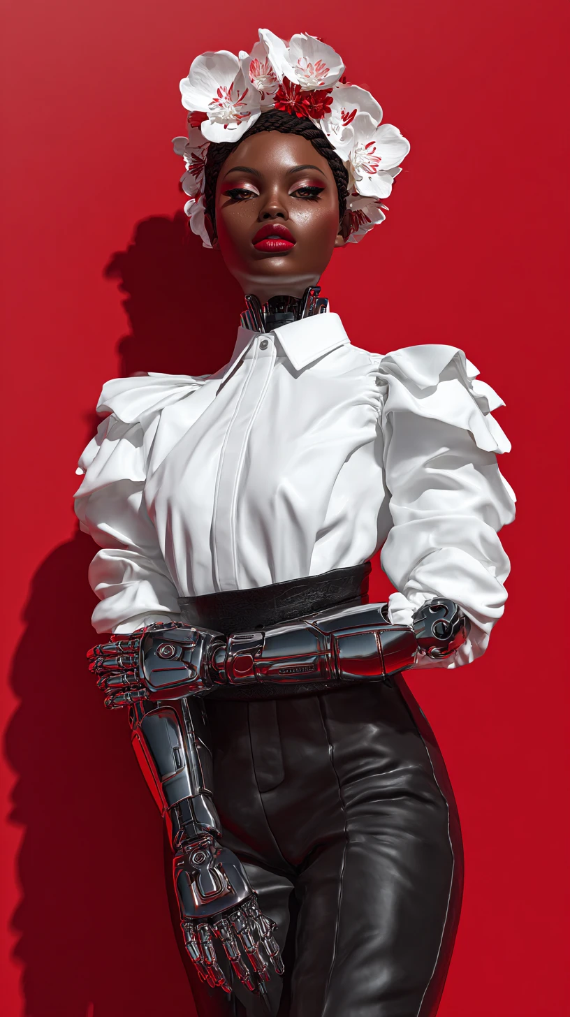ロボット義肢を持つ白いシャツのアフロフューチャリズム女性