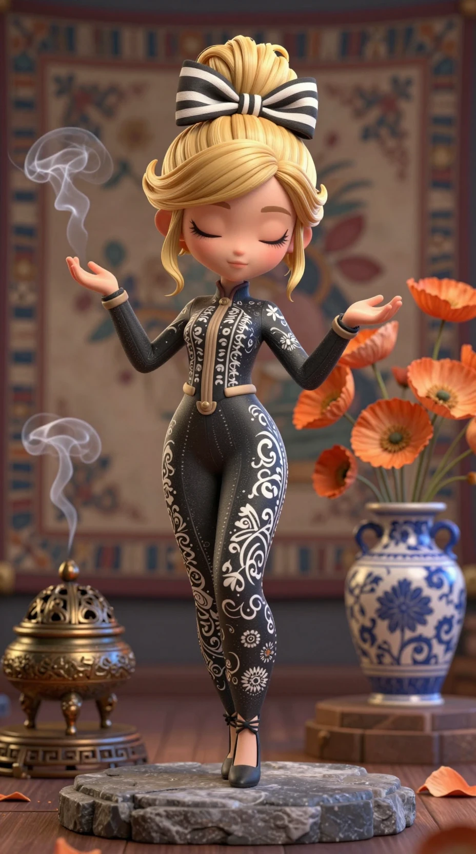 花とお香をまとったスタイライズされた3D少女像