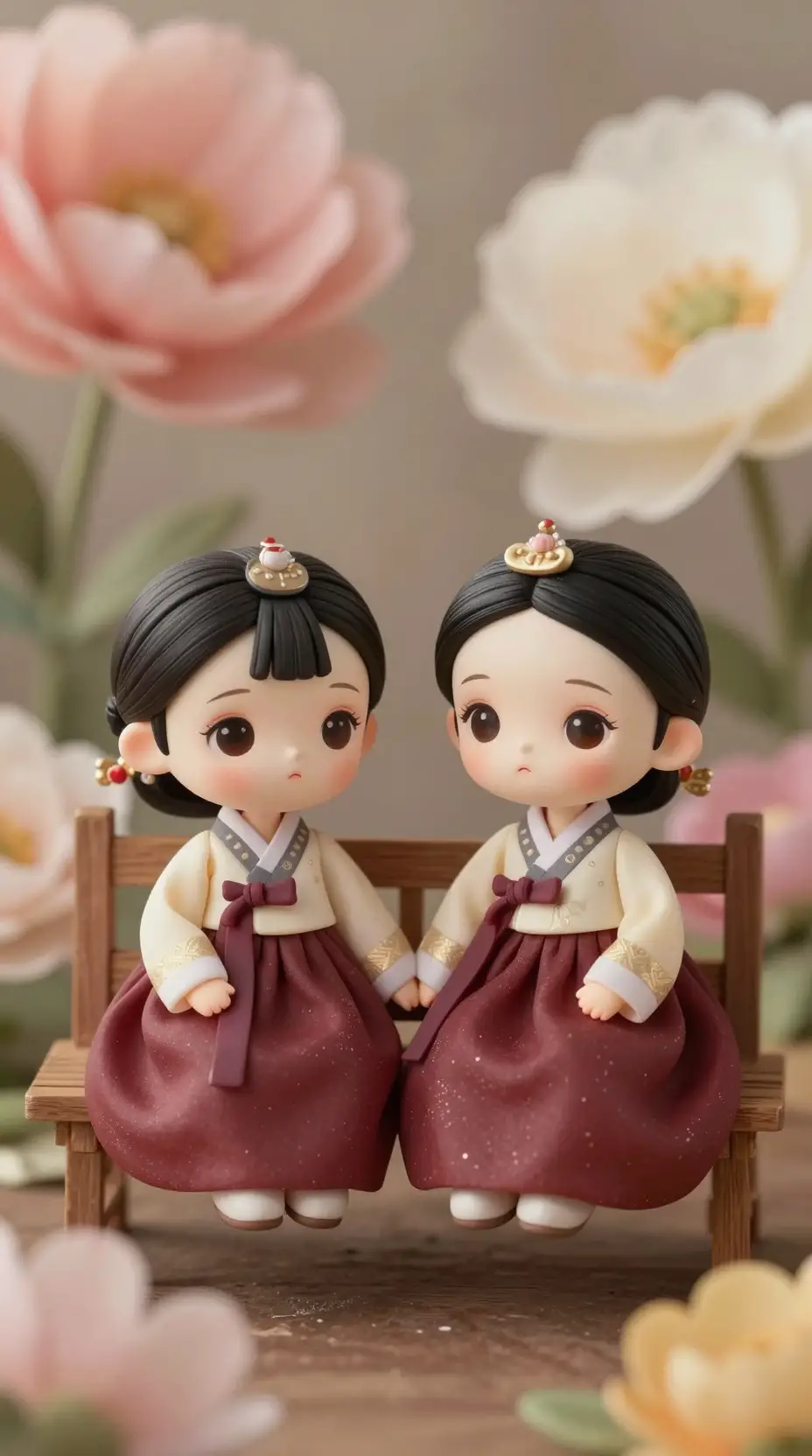 穿韓服牽手的Q版娃娃坐在木椅上