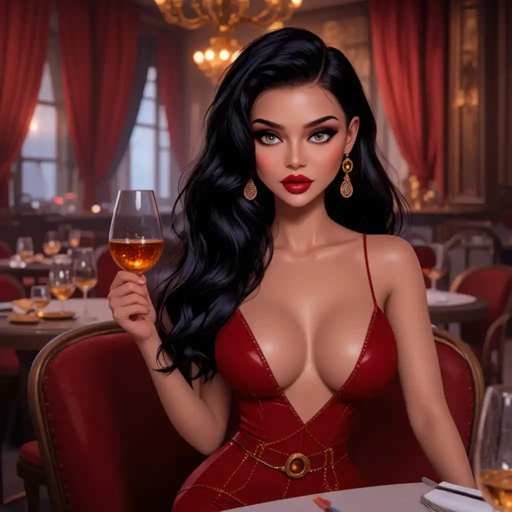 Elegante donna in abito rosso che si rilassa in un ristorante accogliente