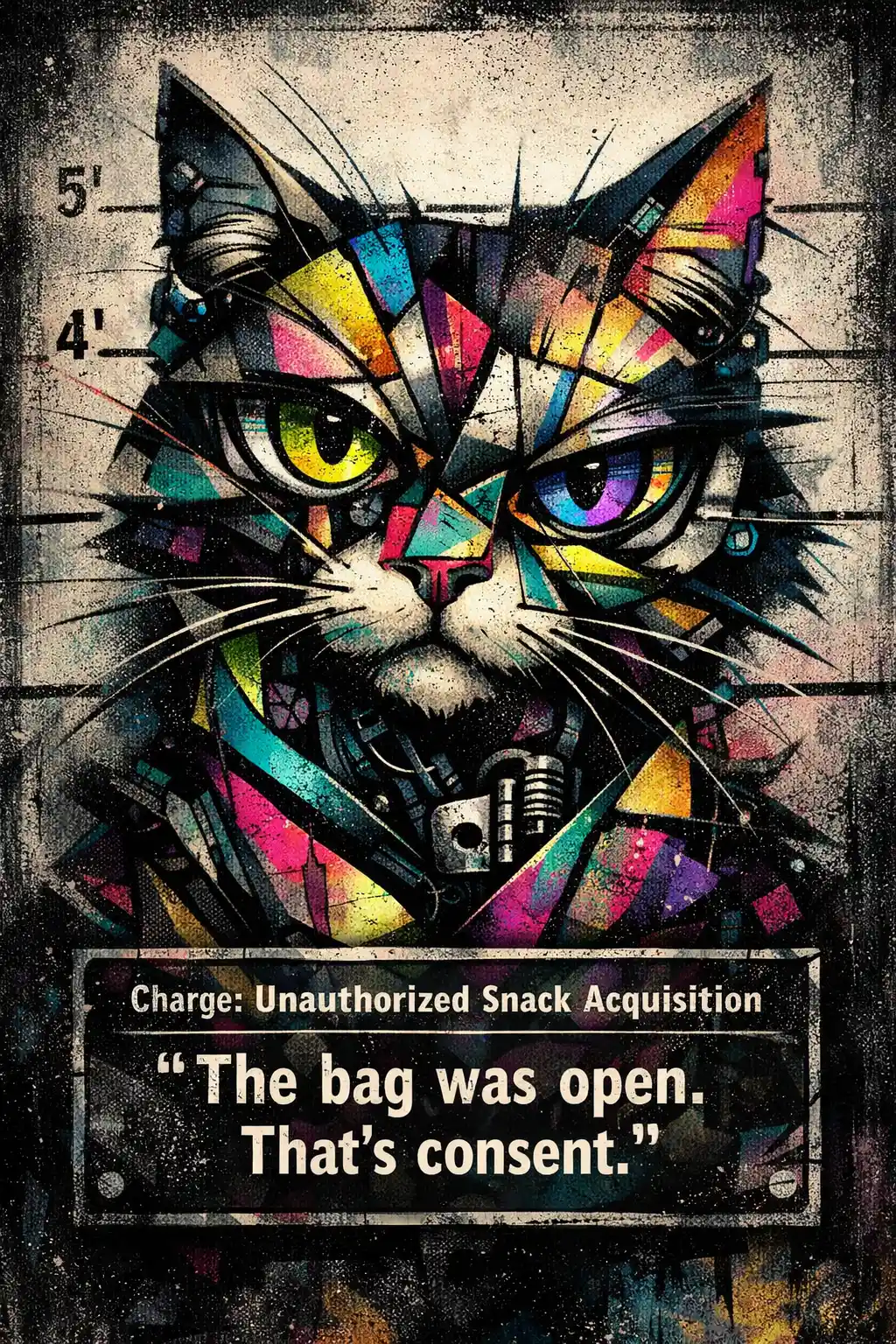 Abstract cubist cat portrait with intense neon gaze