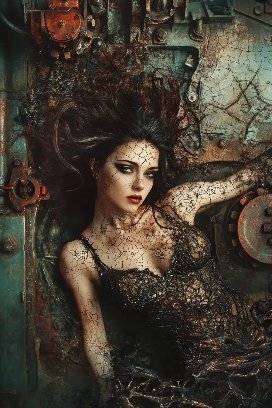 Dark woman dancing amid rusty industrial machinery