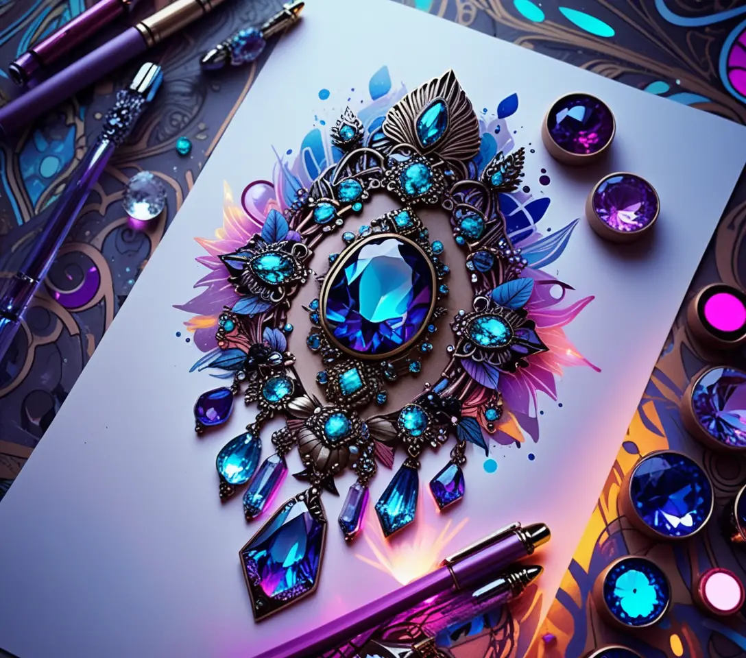 Mystical gemstone jewelry tattoo illustration with neon crystal clusters