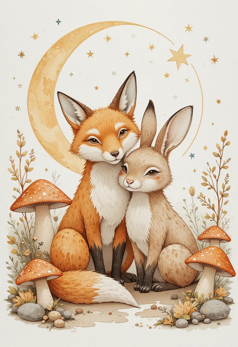 Watercolor fox and rabbit under crescent moon with mushrooms
