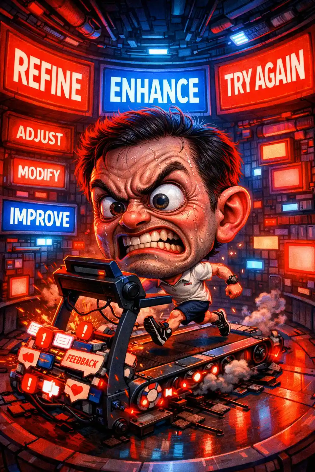 Stressed AI artist running on a feedback treadmill