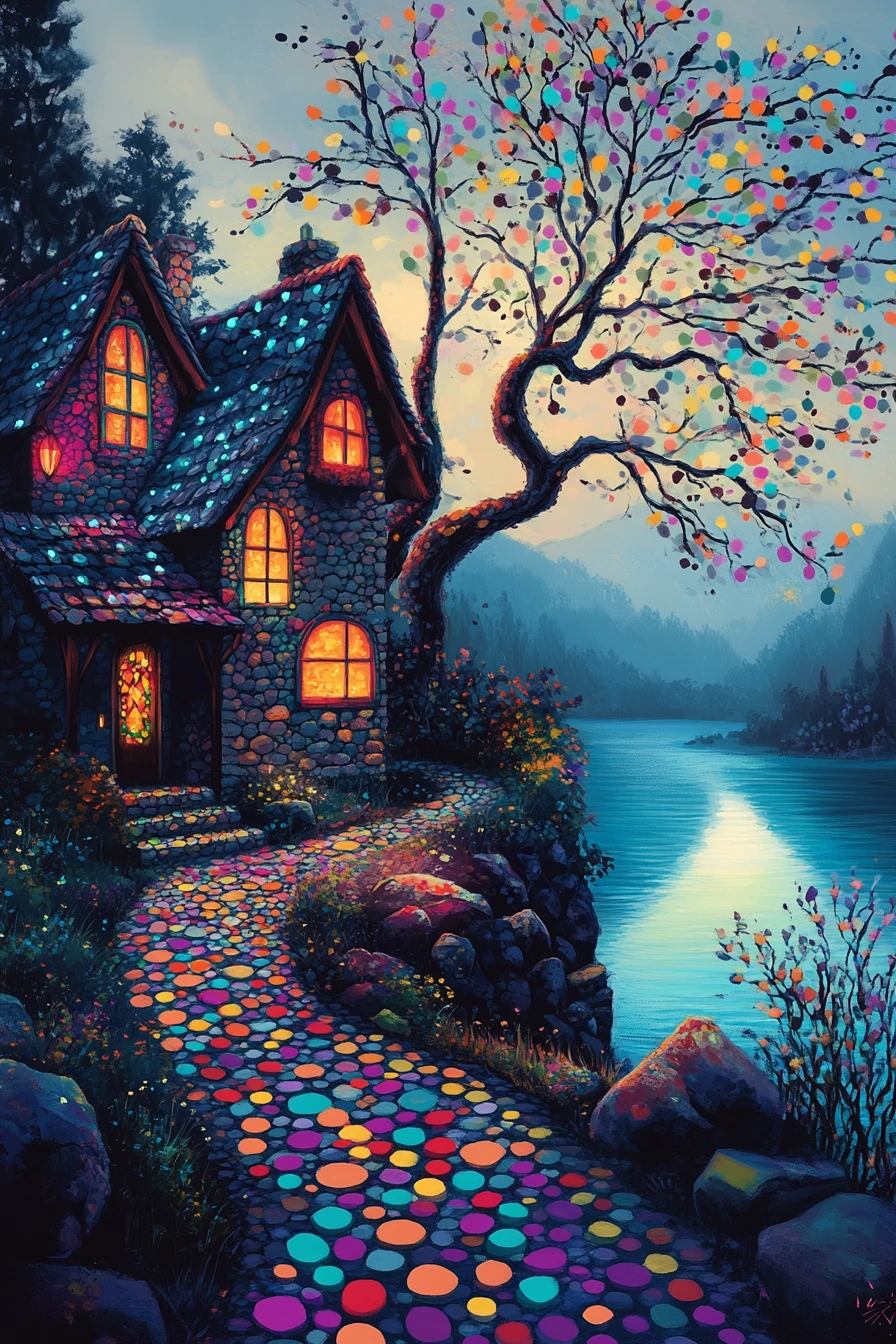 Cozy House With Neon Lights Beside A Turquoise Lake