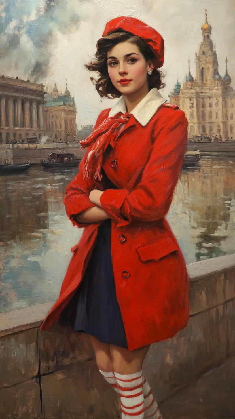 Giovane donna in cappotto rosso vicino a edificio sovietico sul lungomare