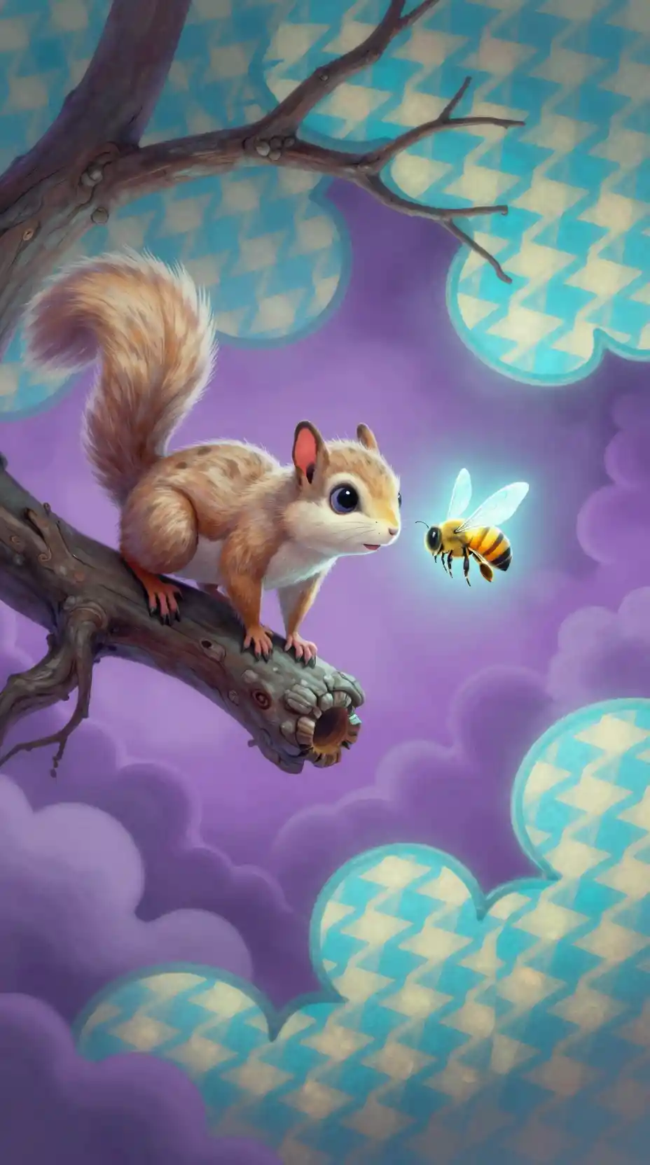 Timid flying squirrel facing a glowing ethereal honeybee
