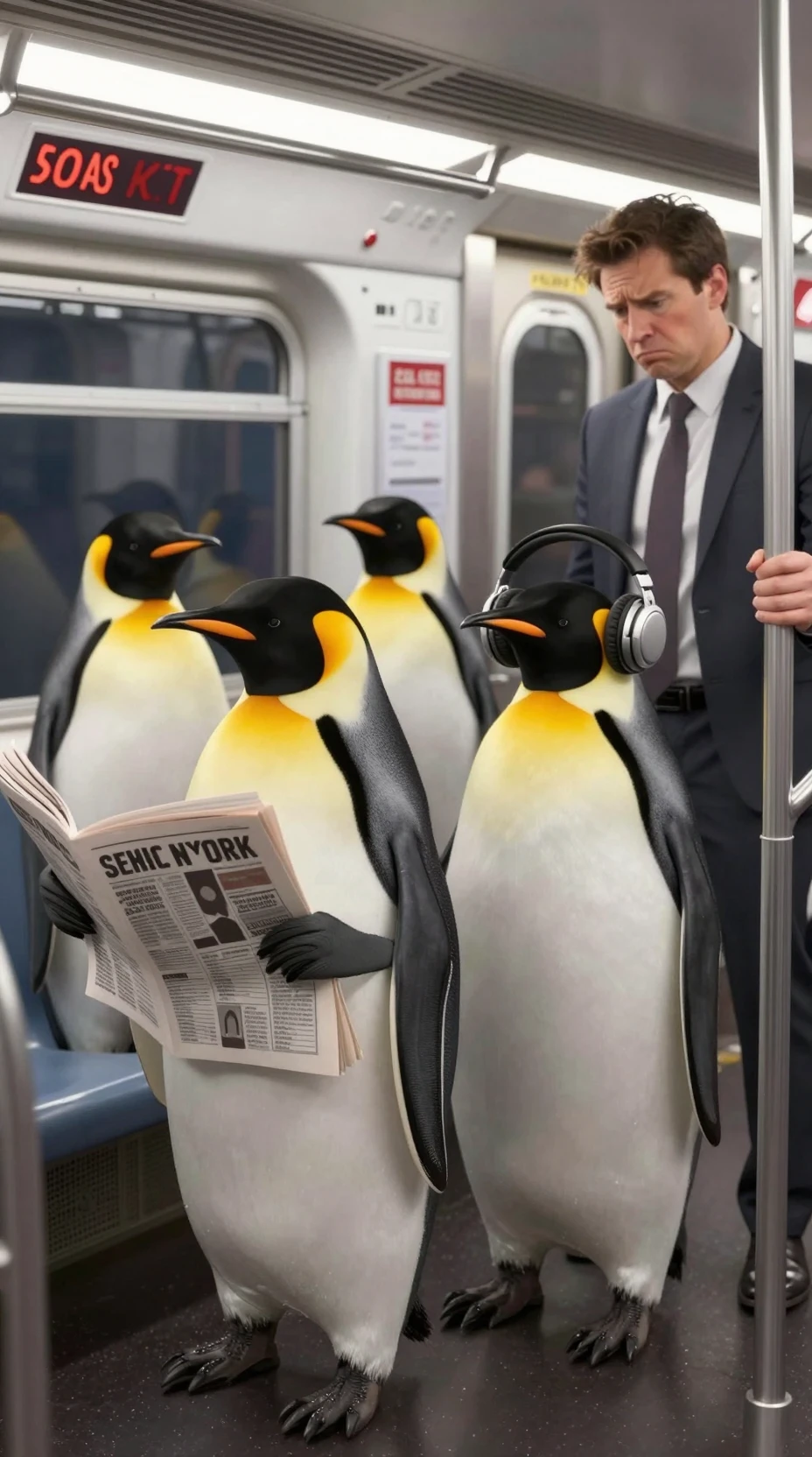 Kaiserpinguine in einer überfüllten New Yorker U-Bahn