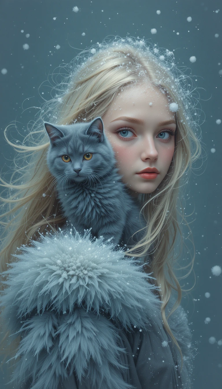 Fille de mode minimaliste avec chat gris bleu duveteux comme compagnon