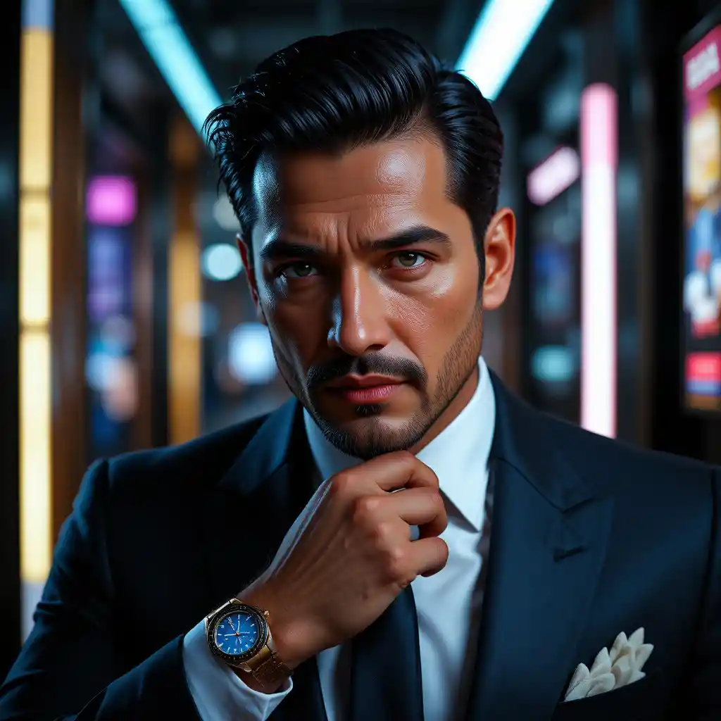 Confident Latin American businessman in a sharp cinematic portrait