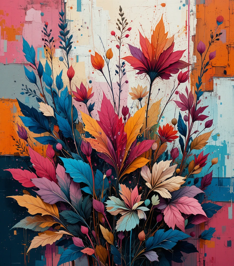 Arte botânica abstrata vibrante com formas de plantas expressivas