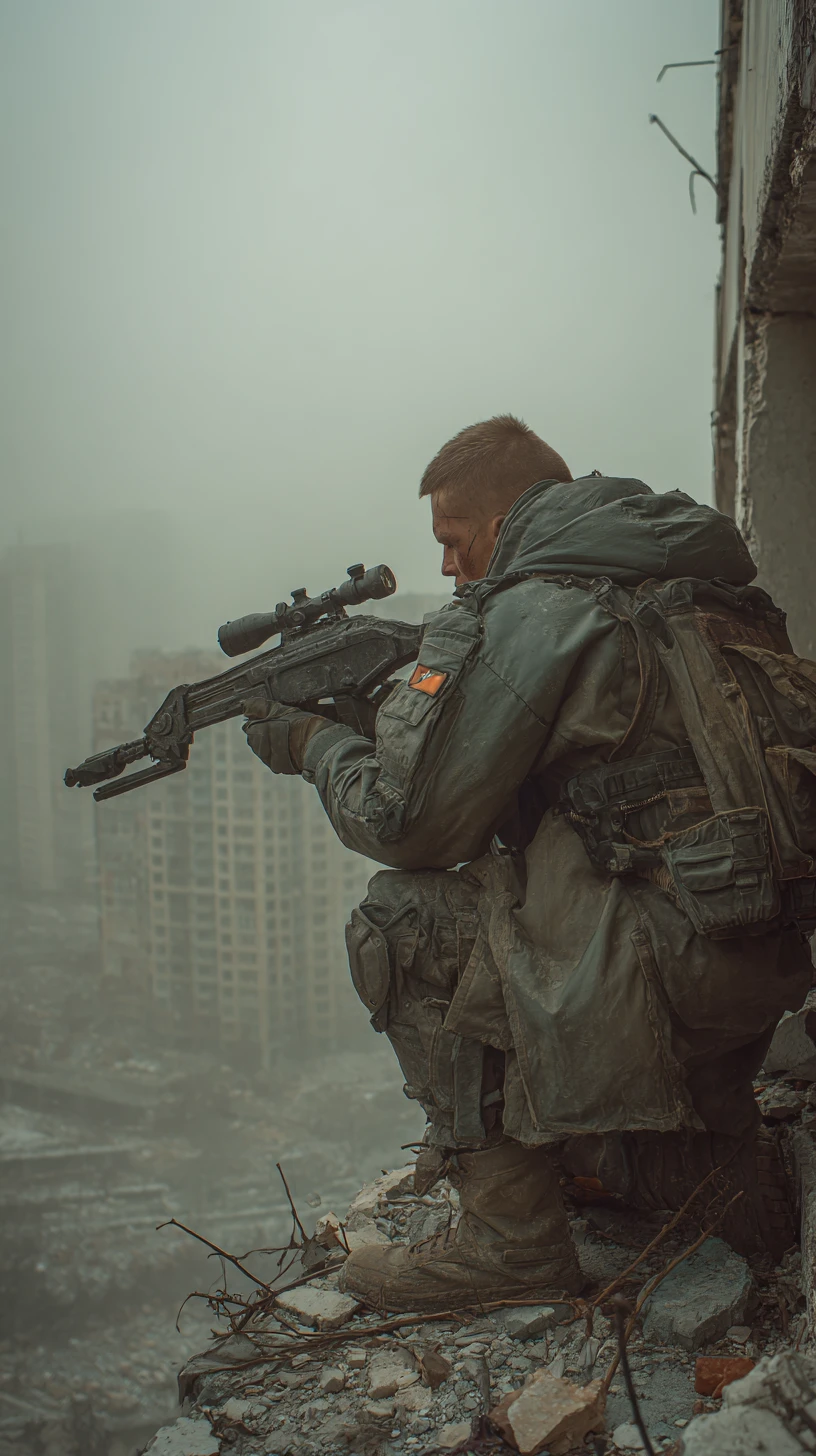 Futuristic Soldier Sniper Overlooking Ruined Russian Cityscape