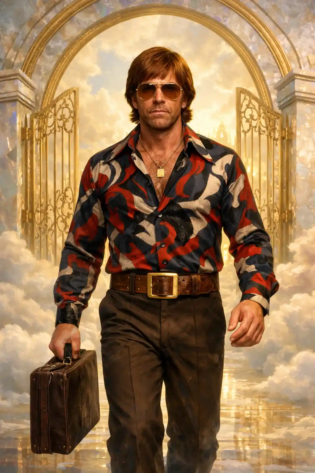 Seventies action hero walks through glowing heavenly gateway
