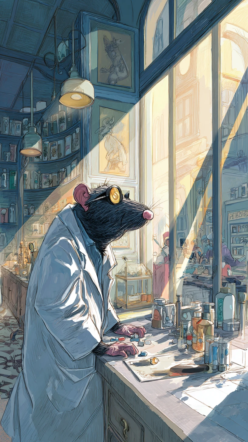 Buffo topo farmacista che arrotola pillole in una luminosa scena a fumetti
