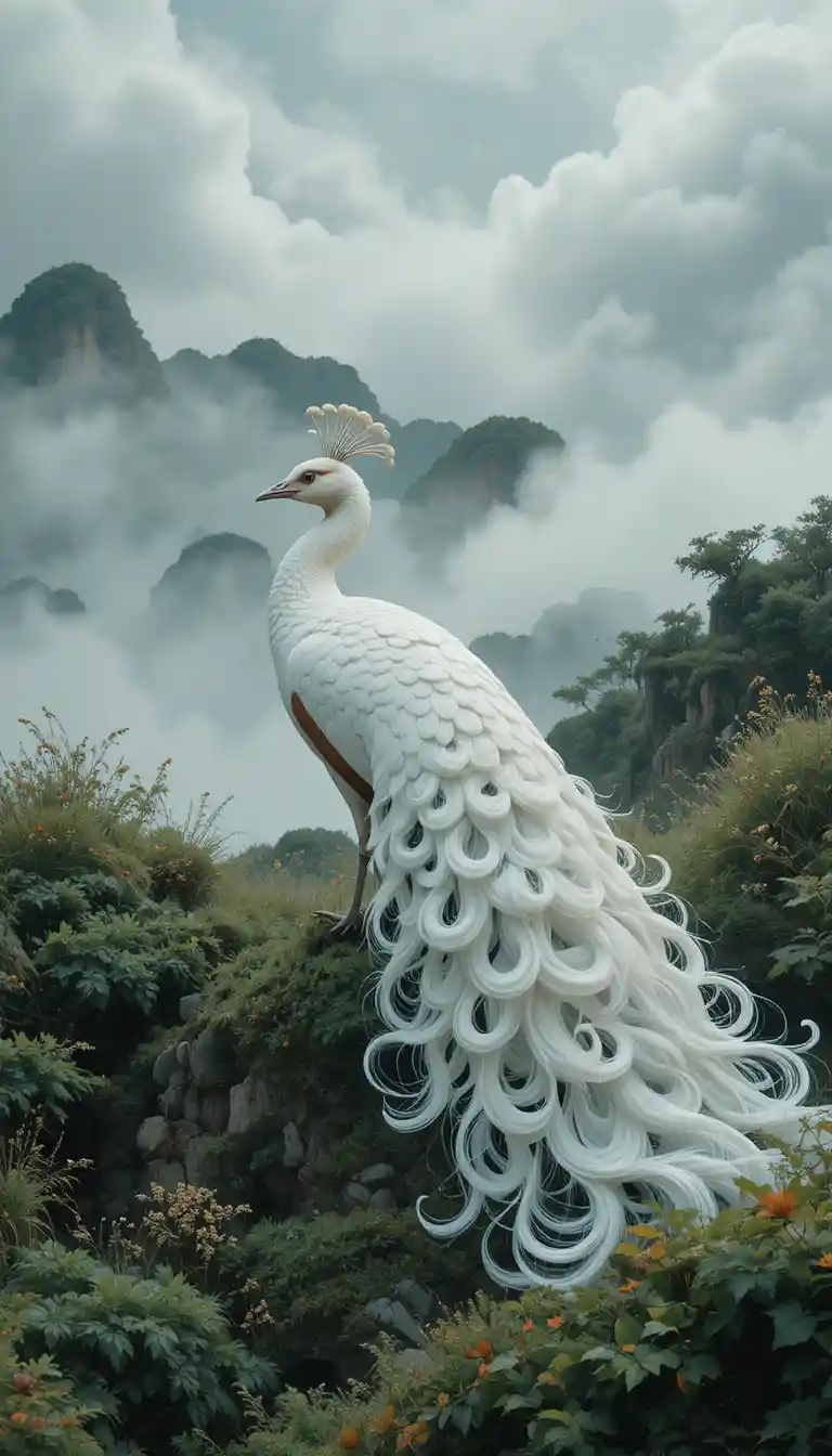 White peacock with flowing tail in misty Chinese landscape