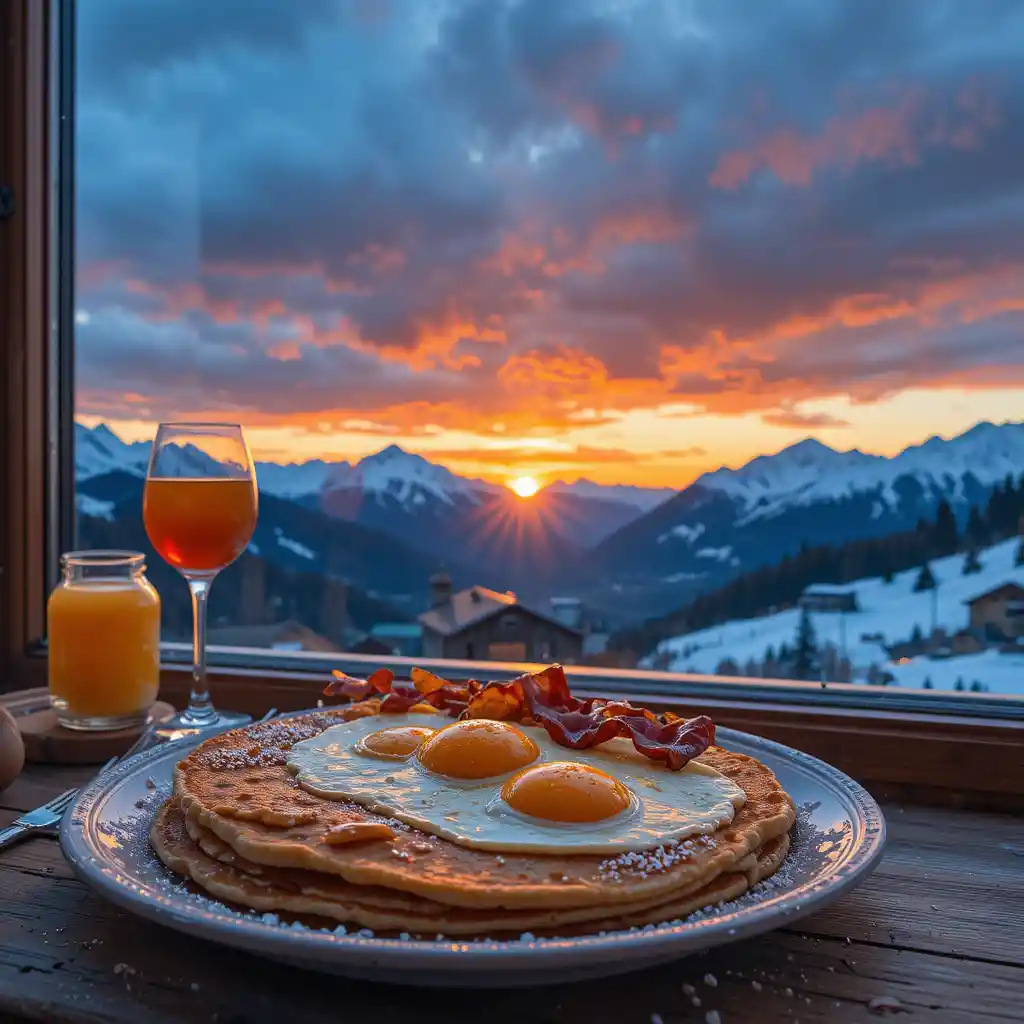 Fantasy breakfast of pancakes and bacon in snowy Swiss Alps