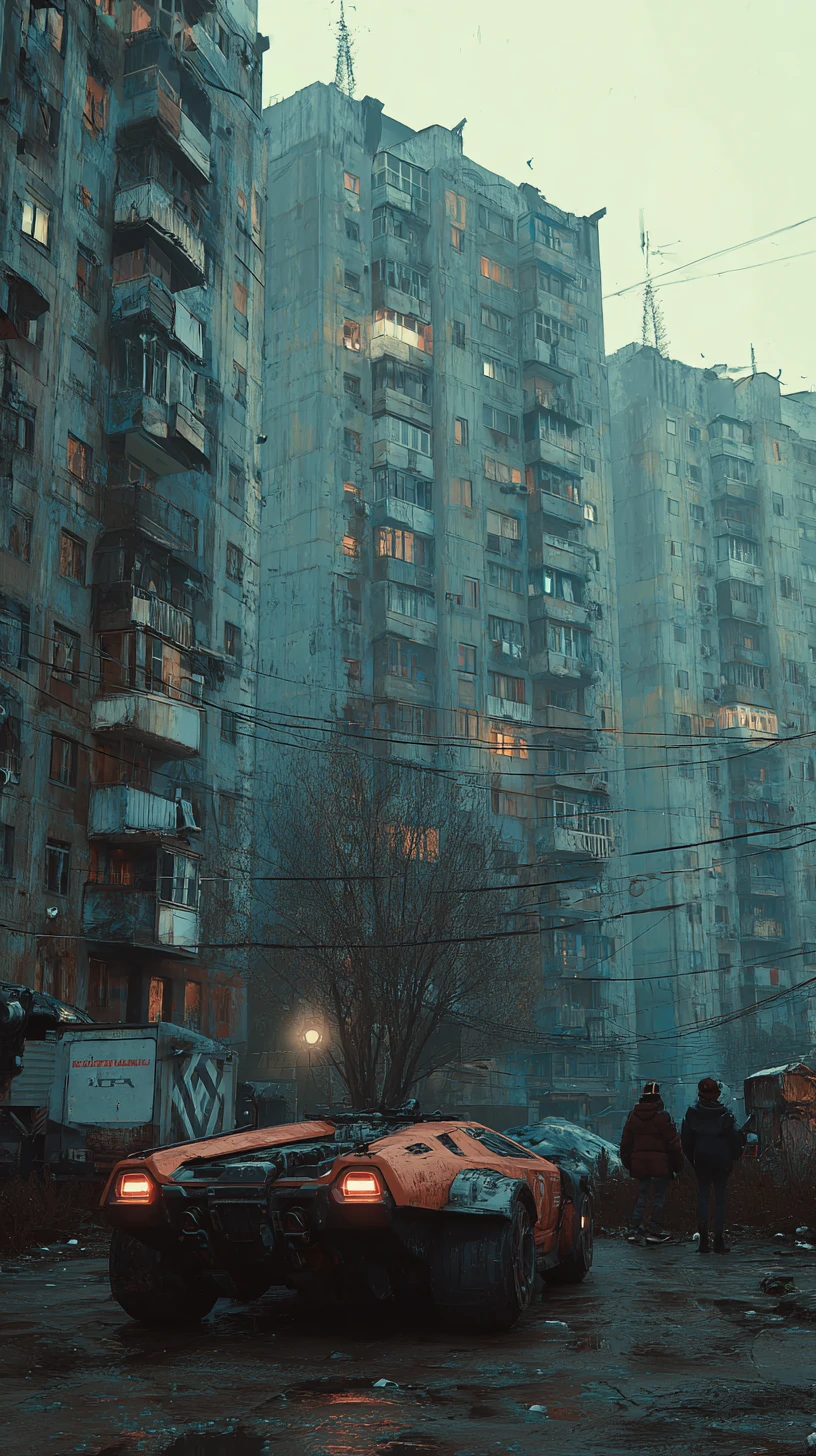 Cyborg children in a futuristic brutalist Ukrainian cityscape