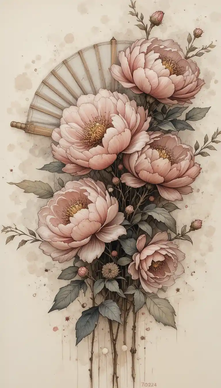 Soft pastel sketch of peonies with delicate fan motif