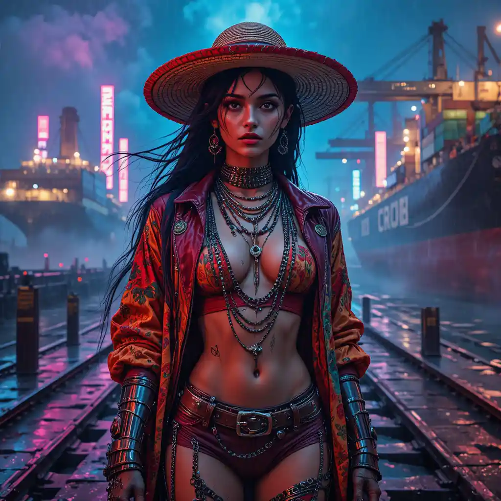 Colorful dieselpunk warrior woman in neon industrial rain
